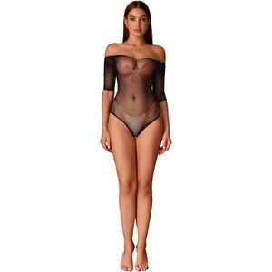 Women's Black Mesh Teddy Lingerie: Sparkle Rhinestone Fishnet Bodysuit